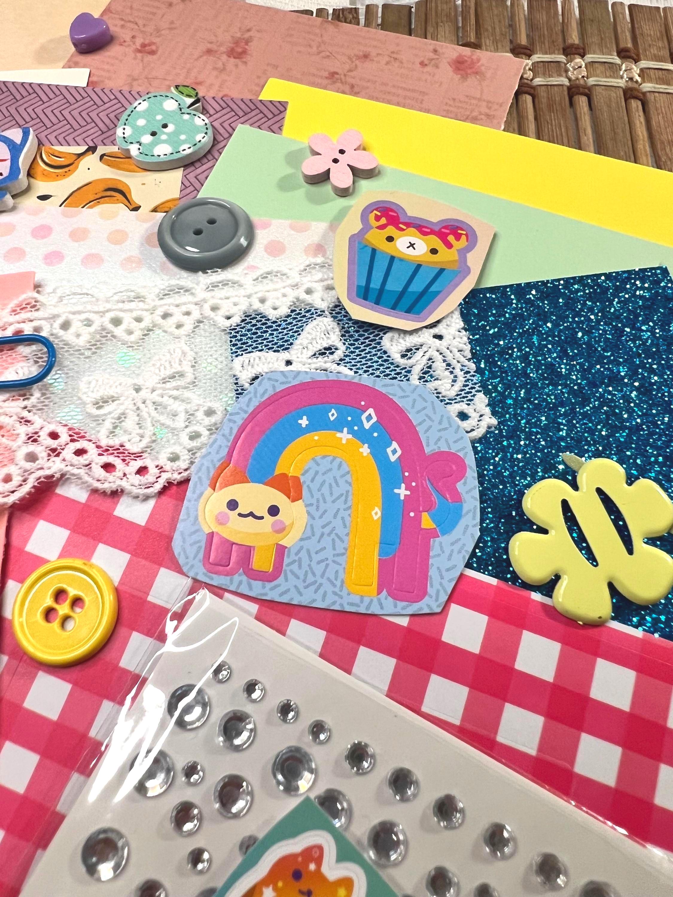 Kawaii Junk Journal Kit, Pastel Stationery, Stickers, Rhinestone Sheet