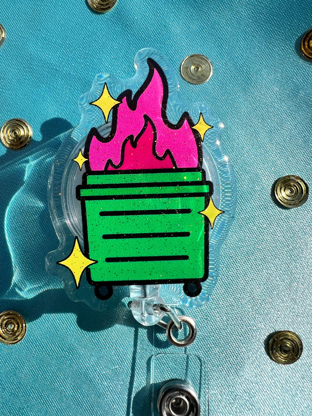 Dumpster Fire Badge Reel | Glitter Epoxy ID Clip | Chaotic Office Lanyard Humor