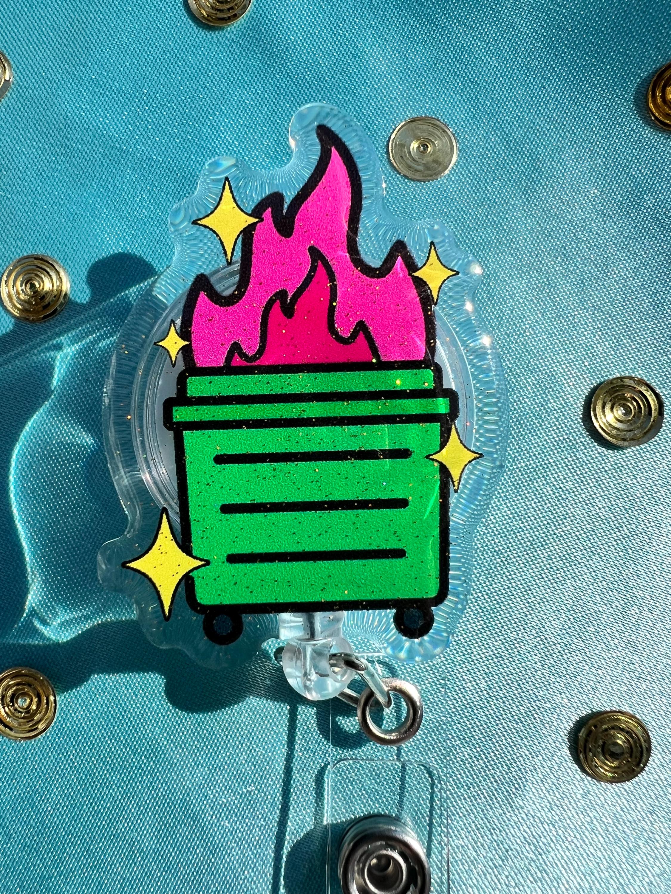 Dumpster Fire Badge Reel | Glitter Epoxy ID Clip | Chaotic Office Lanyard Humor