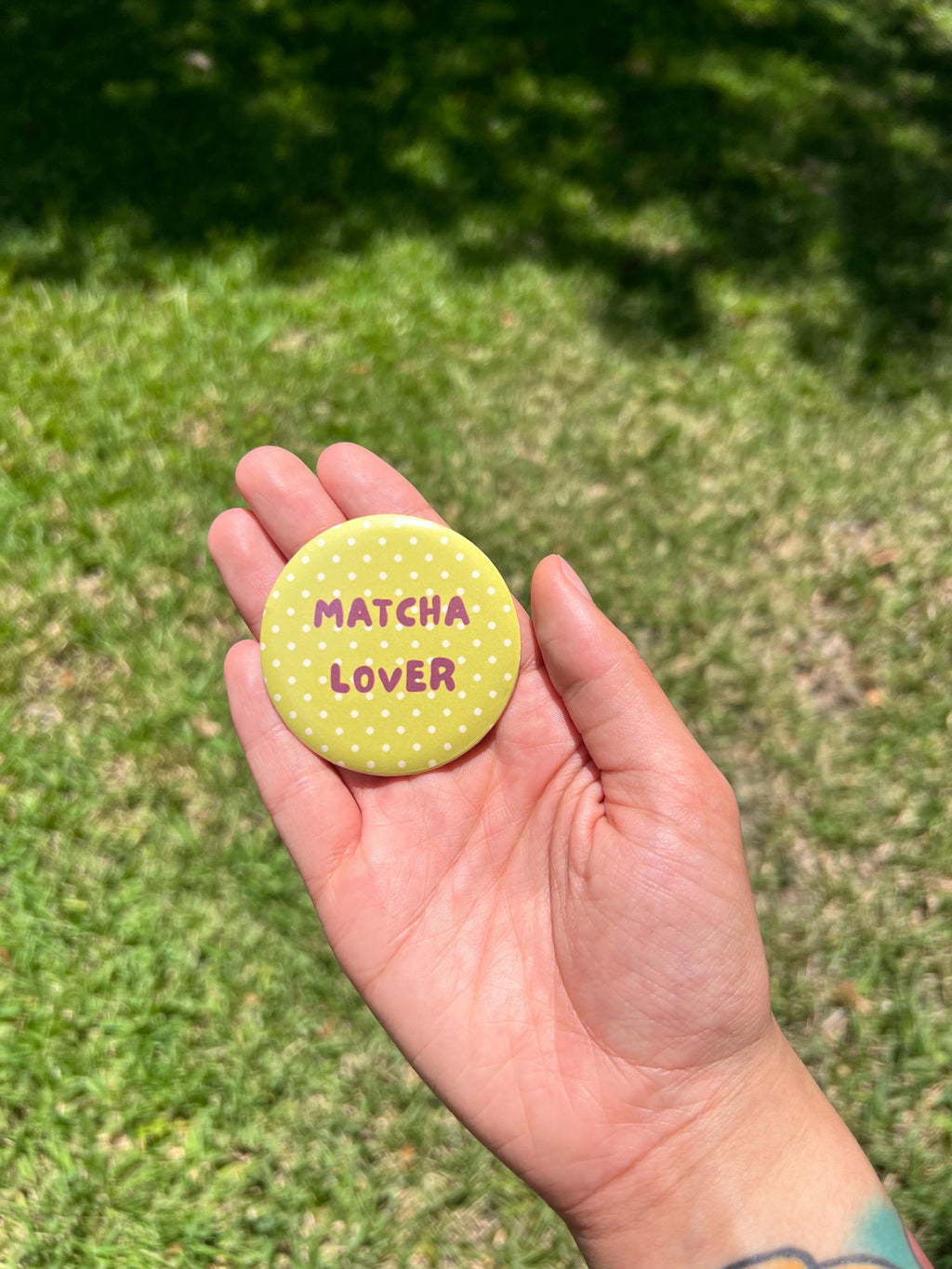 Matcha Lover Button Pin – 2.25" Cute Green Polka Dot Green Tea Badge, Aesthetic Kawaii Backpack Pin, Cafe and Drink Accessory, Y2K Gift