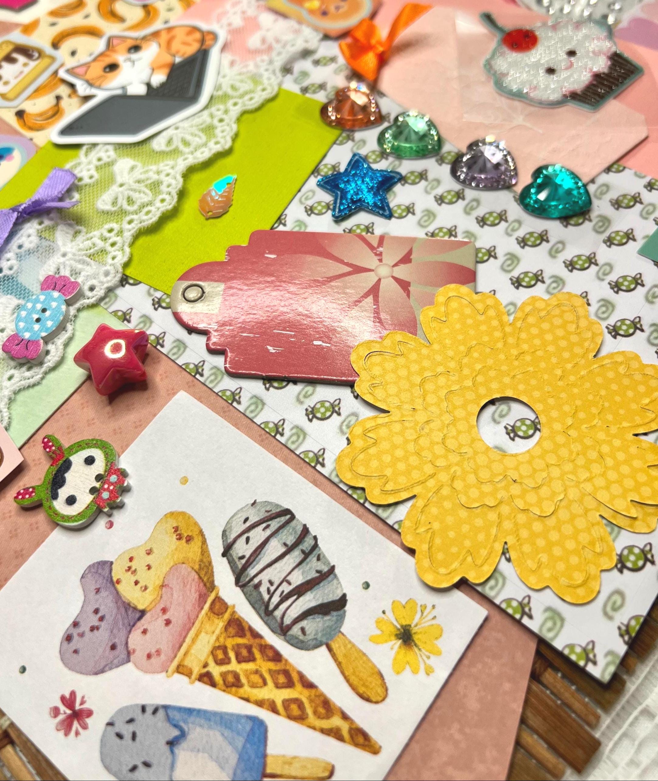 Kawaii Junk Journal Kit, Pastel Stationery, Stickers, Rhinestone Sheet