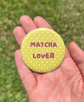Matcha Lover Button Pin – 2.25" Cute Green Polka Dot Green Tea Badge, Aesthetic Kawaii Backpack Pin, Cafe and Drink Accessory, Y2K Gift