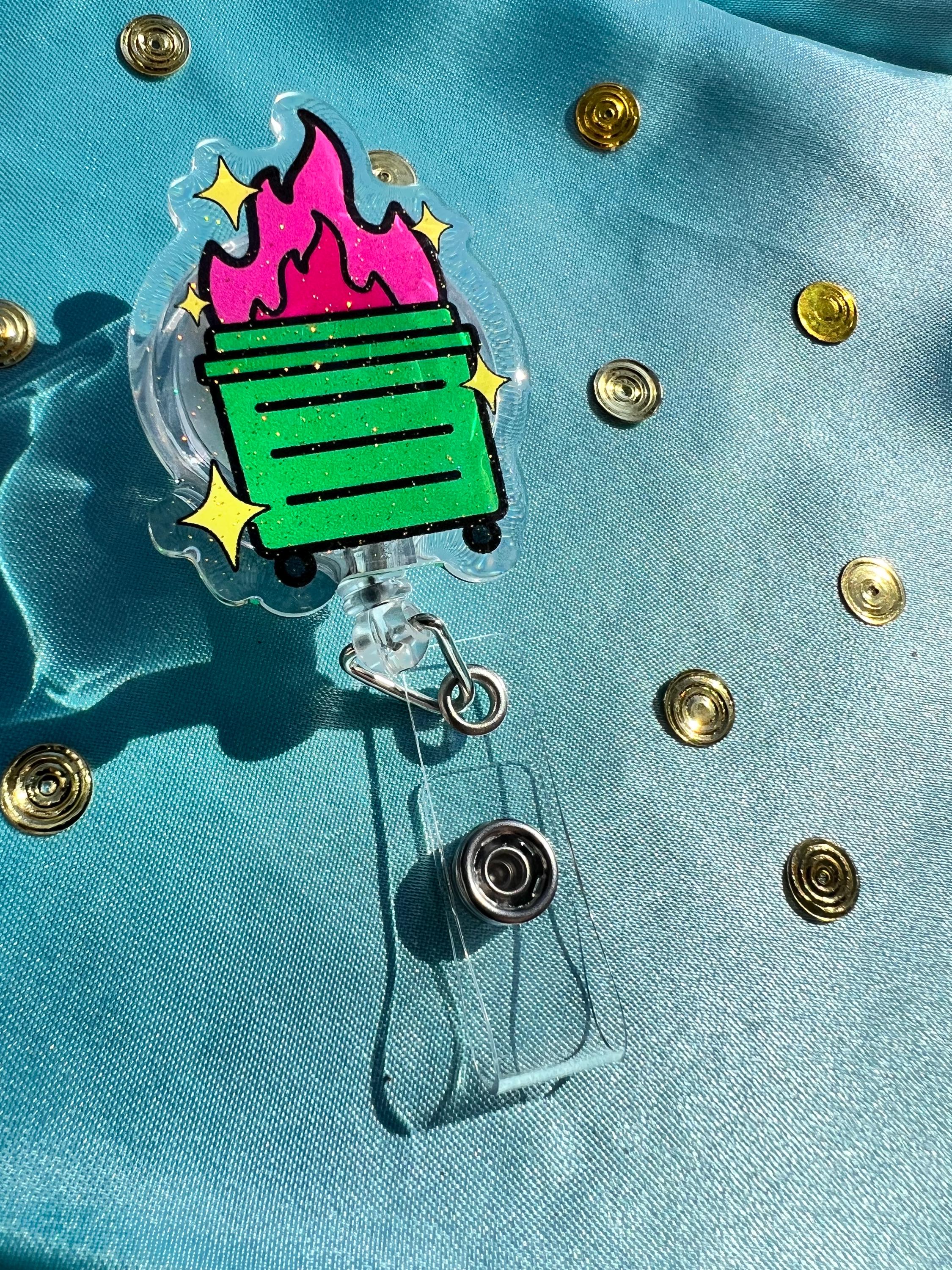 Dumpster Fire Badge Reel | Glitter Epoxy ID Clip | Chaotic Office Lanyard Humor