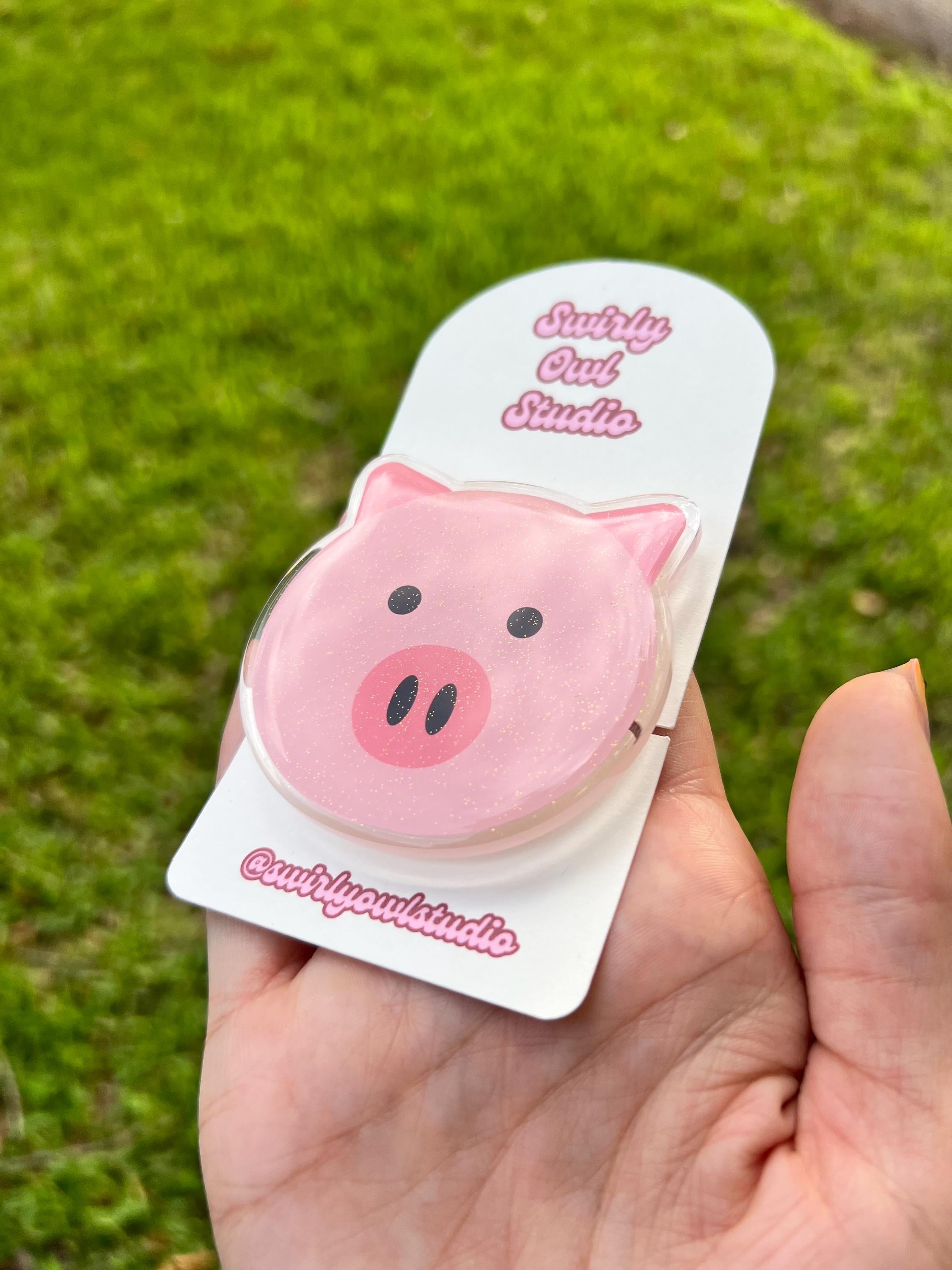 Pink Pig Glitter Magnetic Kindle Grip - Cute Sparkly Phone Grip - Cottagecore Acrylic Phone Holder- E-Reader Stand