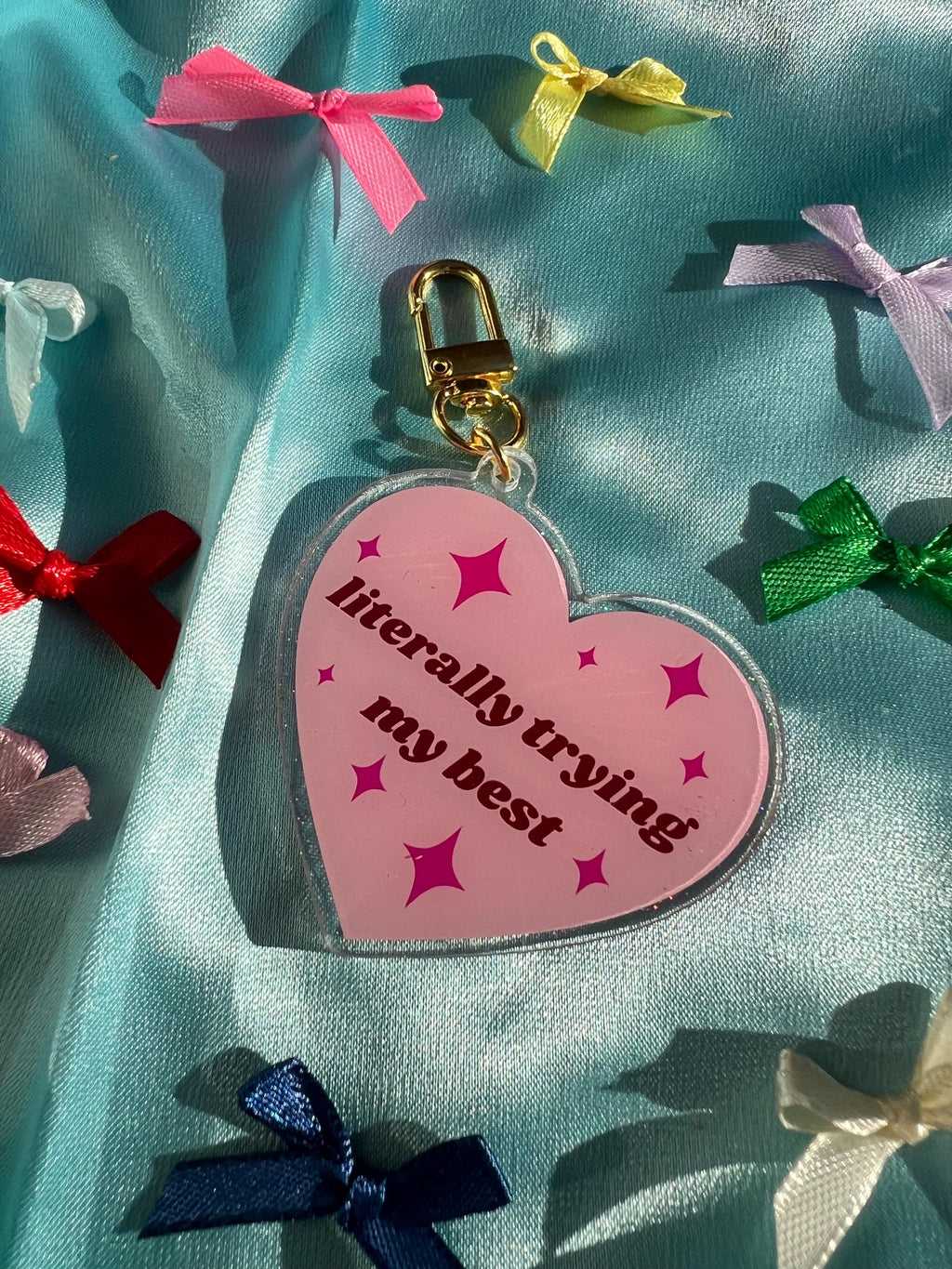 Pink Heart Acrylic Glitter Bag Charm – "Literally Trying My Best" Quote, Coquette Keychain